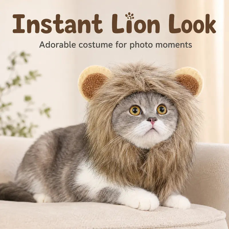 Fluffy Soft Fur Cat Lion Mane Halloween Costume with Fluffy Ears - Photo Prop for Cats, Small Dogs Festive Party Dress-Up Accessory