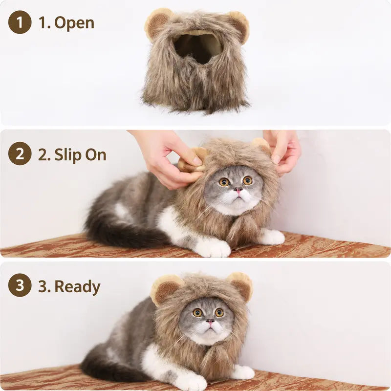 Fluffy Soft Fur Cat Lion Mane Halloween Costume with Fluffy Ears - Photo Prop for Cats, Small Dogs Festive Party Dress-Up Accessory