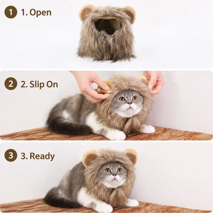 Fluffy Soft Fur Cat Lion Mane Halloween Costume with Fluffy Ears - Photo Prop for Cats, Small Dogs Festive Party Dress-Up Accessory