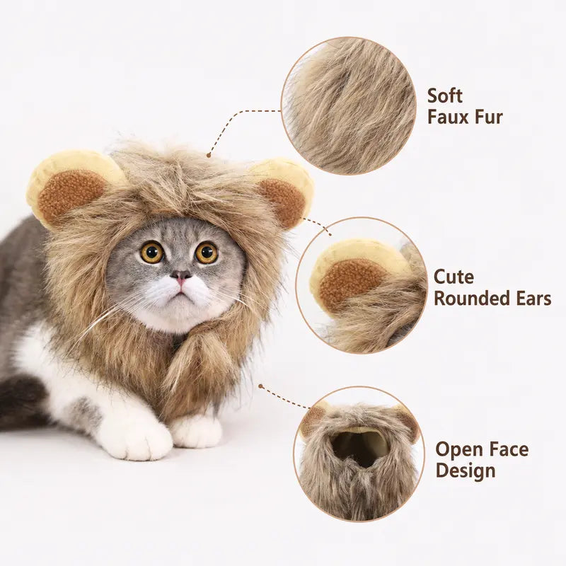 Fluffy Soft Fur Cat Lion Mane Halloween Costume with Fluffy Ears - Photo Prop for Cats, Small Dogs Festive Party Dress-Up Accessory