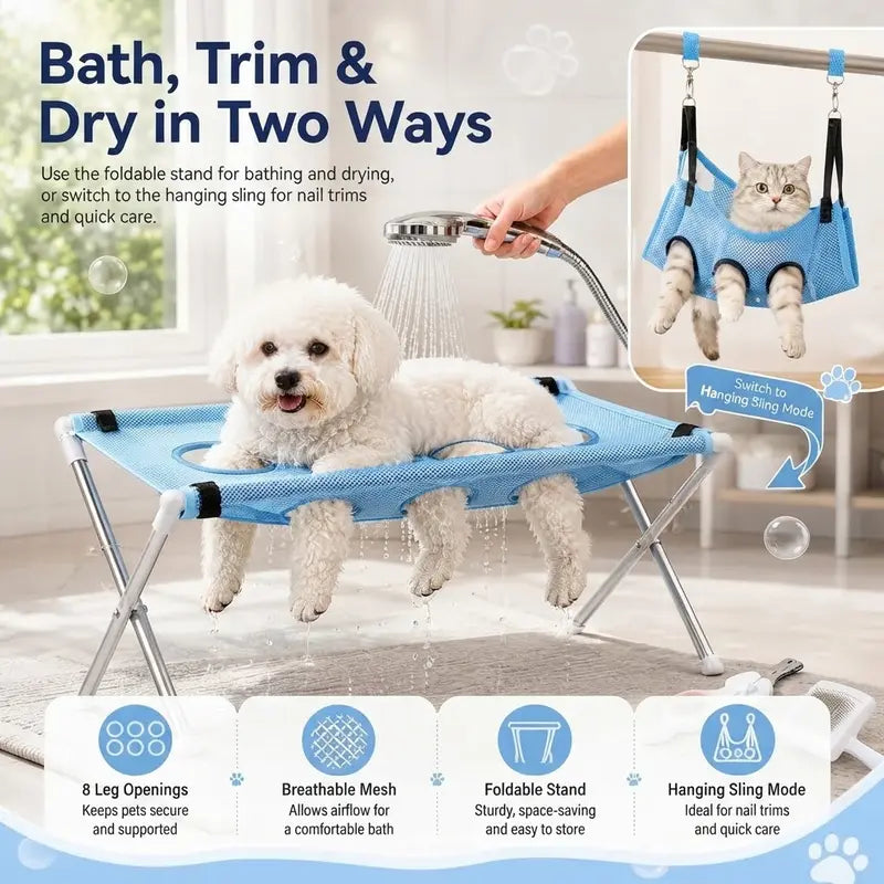 Foldable Pet Bath Station with 8-Hole Anti-Scratch Grooming Hammock Sling Rack, Foldable Bath Accessories for Cats & Dogs Nail Trimming, Bathing