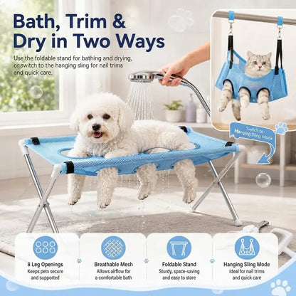Foldable Pet Bath Station with 8-Hole Anti-Scratch Grooming Hammock Sling Rack, Foldable Bath Accessories for Cats & Dogs Nail Trimming, Bathing