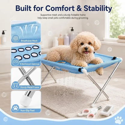 Foldable Pet Bath Station with 8-Hole Anti-Scratch Grooming Hammock Sling Rack, Foldable Bath Accessories for Cats & Dogs Nail Trimming, Bathing
