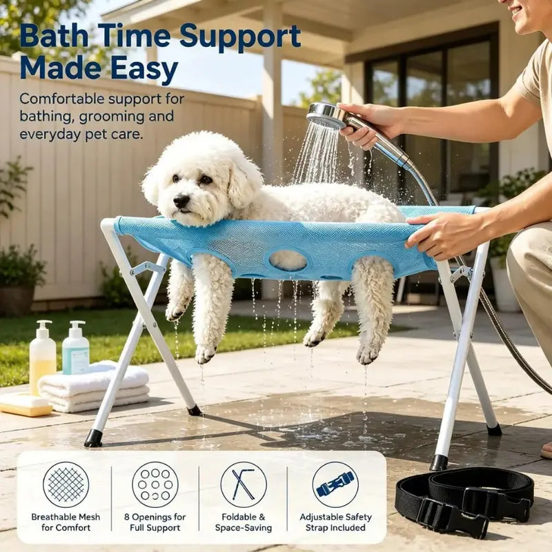 Foldable Pet Bath Station with 8-Hole Anti-Scratch Grooming Hammock Sling Rack, Foldable Bath Accessories for Cats & Dogs Nail Trimming, Bathing