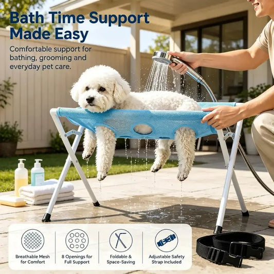 Foldable Pet Bath Station with 8-Hole Anti-Scratch Grooming Hammock Sling Rack, Foldable Bath Accessories for Cats & Dogs Nail Trimming, Bathing